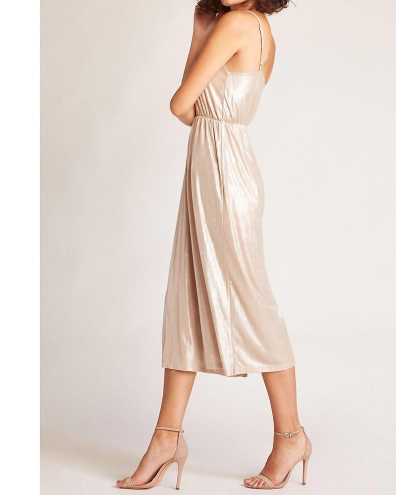 Back of a model wearing a size L Shine On Metallic Jumpsuit In Pale Gold in Pale Gold by BB Dakota. | dia_product_style_image_id:357956